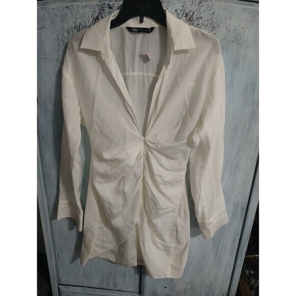 Zara V Neck Knee Length Collared Dress Small White Boho Y2K Classic - Picture 1 of 7